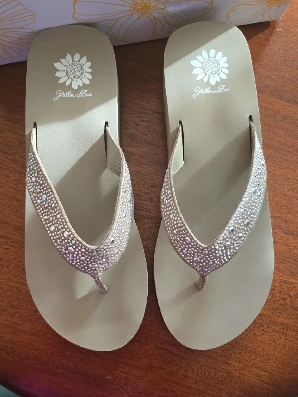 2 Pair-Yellow Box Gold Beaded Thong Sandals with Pink Accents - Picture 5 of 10